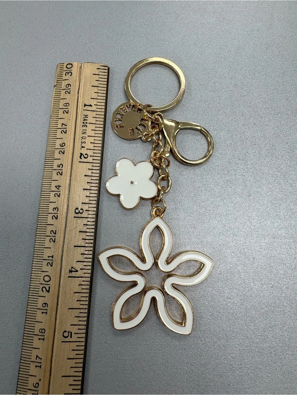Gold Rhinestone Enamel Flower Charm Keychain Love Forever